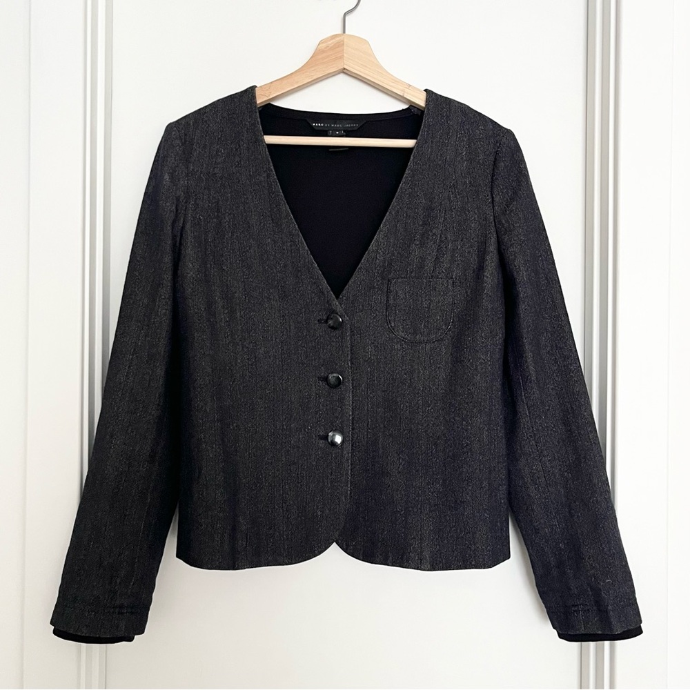 Marc by Marc Jacobs Women's Wool Blazer Size S Gray Black Collarless Minimalist